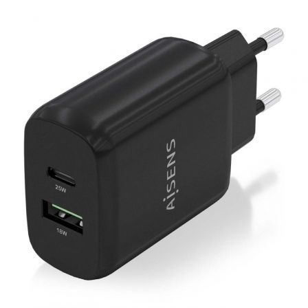 Aisens Cargador de Pared 25W con 1x USB-C PD3.0 y 1x USB-A QC3.0, Negro Aisens Cargador de Pared 25W con 1x USB-C PD3.0 y 1x USB-A QC3.0, Negro